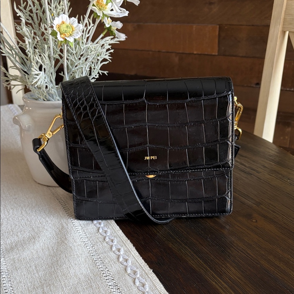 JW PEI Black Croc-Embossed Square Crossbody with Gold Hardware